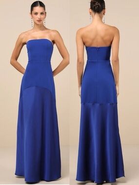 NWT Lulu’s Compelling Style Royal Blue Strapless A-Line Maxi Dress Medium Chic